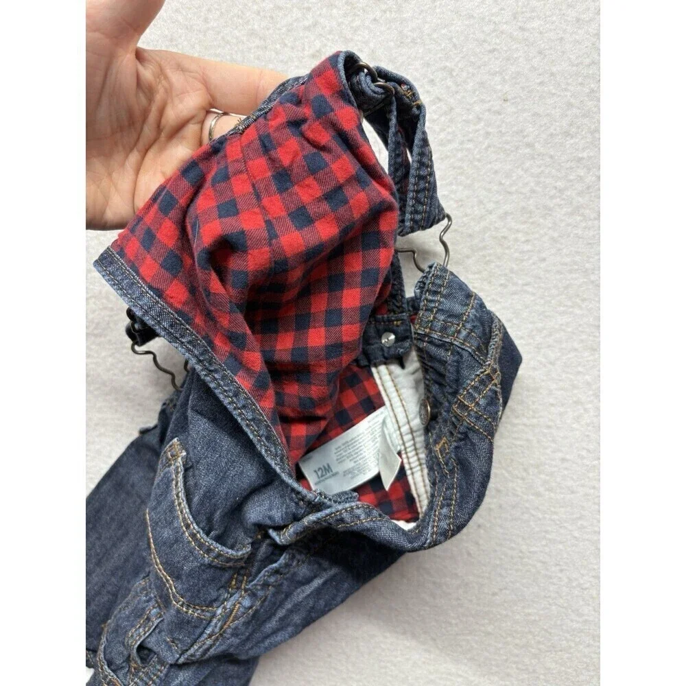 Oshkosh B’Gosh Vestbak Flannel Lined Buffalo Plaid Jean Denim Overalls 12 Months